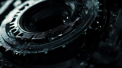 Poster - Gears are black with a dark wallpaper, a close-up of a gearbox featuring a unique color feature, industrial mechanical background featuring planetary gear