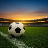 bola de futebol no meio do gramado do estadio com por do sol