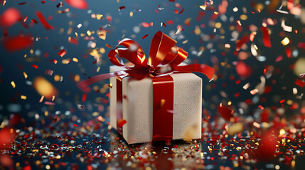 Poster - Gift with red ribbon and confetti explosion, black friday and sales background, 3d