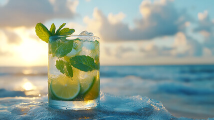 Poster - Glass of refreshing tropical mojito drink cocktail with mint and lime on background of the sea
