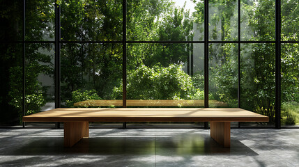 Poster - Glass office space with a wooden table in front of the windows