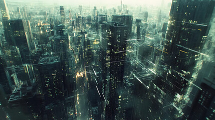 Poster - Global media link overlaying a bustling urban cityscape, symbolizing the advanced 5g network connectivity and highspeed internet that powers modern business and communication