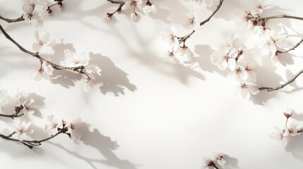 Poster - White blossoms and branches with shadows on white background.