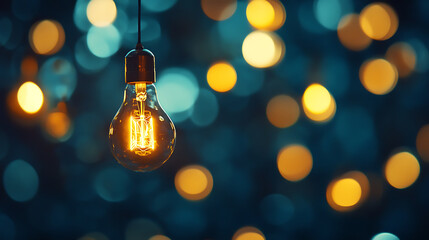 Poster - Glowing light bulb on dark background with bokeh effect