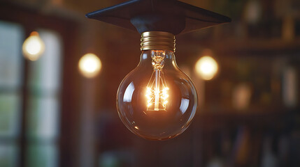 Poster - Glowing light bulb with graduation cap, learning and education concept
