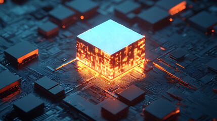 Aufkleber - Glowing micro chip concept on blue circuit board, illustration