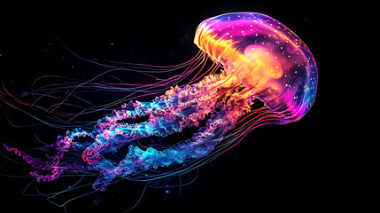 Poster - Glowing neon jellyfish with long tentacles