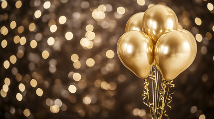 Poster - Gold balloons with ribbons on bokeh background, copy space for festive celebration or party invitation
