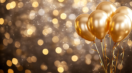 Poster - Gold balloons with ribbons on bokeh background, copy space for festive celebration or party invitation