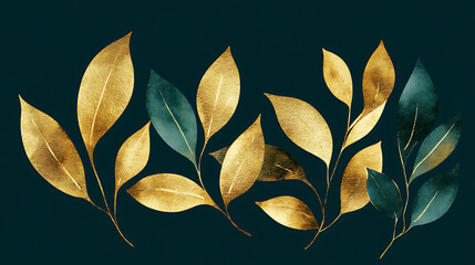 Poster - Golden and green leaves, beautiful, minimalistic print for your decor for postcard, congratulations and poster
