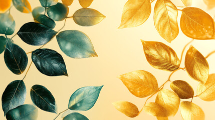 Poster - Golden and green leaves, beautiful, minimalistic print for your decor for postcard, congratulations and poster