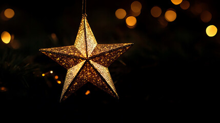 Poster - Golden star with sparks and bokeh on black background