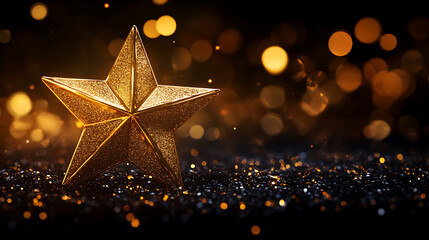 Poster - Golden star with sparks and bokeh on black background