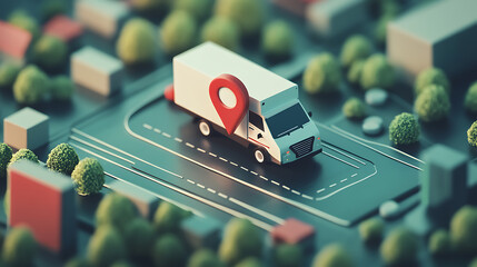 Poster - Graphic of a gps pointer with a transportation vehicle, illustrating green logistics or transportation technology