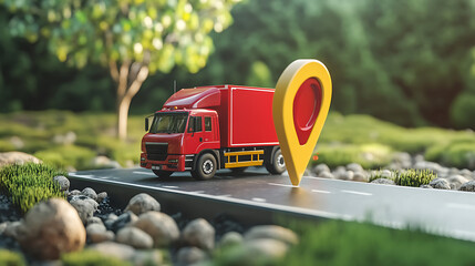 Poster - Graphic of a gps pointer with a transportation vehicle, illustrating green logistics or transportation technology
