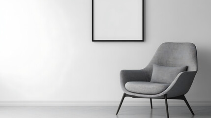 Poster - Gray armchair against of white wall with empty mock up poster frame, scandinavian interior design of modern living room