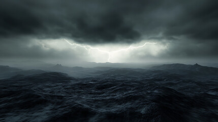 Poster - Gray sky with stormy black clouds and bright lightning bolts on the horizon 3d illustration