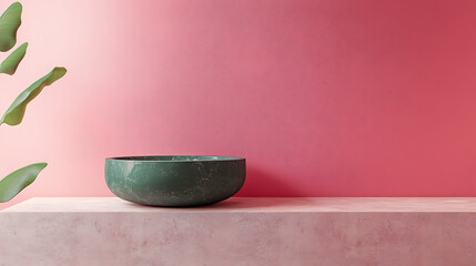 Aufkleber - Green round vessel sink on wall mounted stone countertop near pink coral wall, memphis, minimalist style interior design of modern bathroom