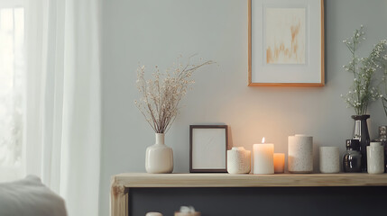 Poster - Grey living room interior with shelf and decoration, mockup frames