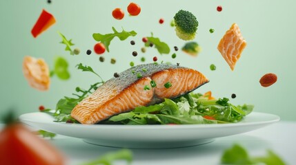 Poster - Pan-seared salmon fillet on a bed of arugula with levitating vegetables and spices.