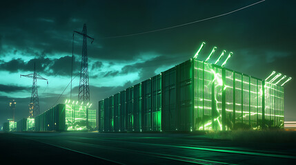 Poster - Grid energy storage containers visualized in a concept sketch in green colors, essential parts of the future sustainable energy infrastructure