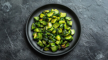 Poster - Grilled fried green vegetables in a plate on a stainless background, top view, close-up flat shot, view of healthy food cooked on grill