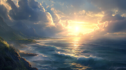 Aufkleber - Landscape of ocean and sunlight through the clouds