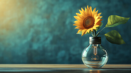 Poster - Growing new idea, with sunflower growing from light bulb vase, illustration