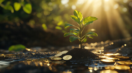 Aufkleber - Growing money, plants on coins, finance and investment concept, based on