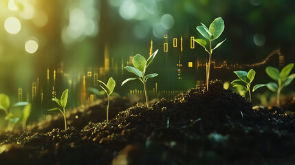 Poster - Growth in business financial investment, with upward trending graphs, currency symbols, and investment tools indicating increasing interest and profitability