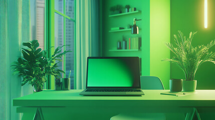 Fototapete - Laptop on desk in modern green office