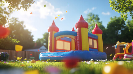 Poster - Large bouncy castle in the garden on a sunny summer day with blue sky