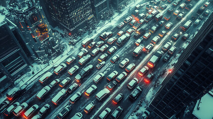 Aufkleber - Large traffic jams due to very low temperatures, ice and snow, cars in a winter traffic jam, generative artificial intelligence