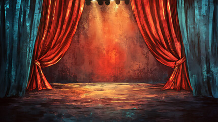 Fototapete - Hand drawn illustration theater stage with curtains