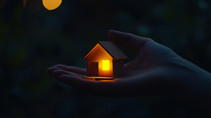 Poster - Hand presenting a small house model with warm glowing lights on a dark background, housing market concept