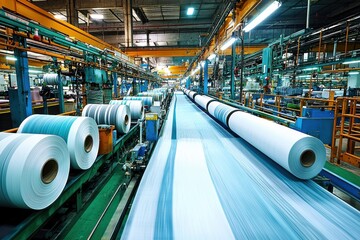Poster - industrial production line with large paper rolls moving on conveyor belts in a vast factory, showca
