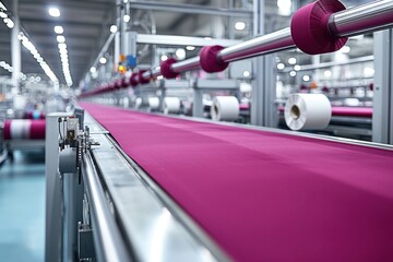 Poster - Automated textile manufacturing with pink fabric on a conveyor line, in a modern factory setting, illustrating the precision and efficiency of industrial textile production.