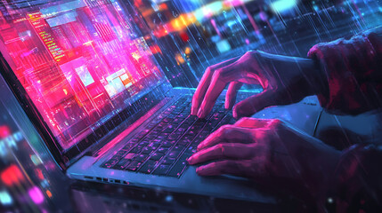 Poster - Hands typing on laptop keyboard ordering in online store, online shopping, online payment security, shipping and e-commerce, online shopping and technology background
