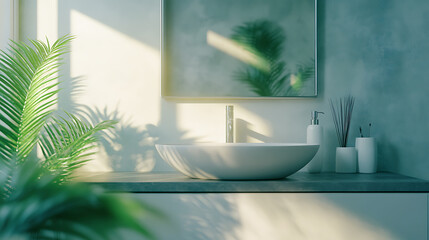 Poster - Light bathroom interior with sink and mirror, mock up frame