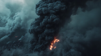 Aufkleber - Heavy black smoke rising over burning city during fire
