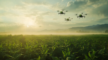 Poster - High-tech agricultural drones flying over a vast farm field, demonstrating advanced spraying capabilities for efficient weed and pest control, showcasing the concept of smart farming automation