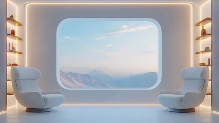 Poster - Light chill room interior with chairs and shelf, panoramic window, mockup wall