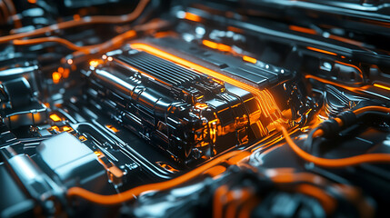 Fototapete - High-tech car battery with orange cables, symbolizing innovation in energy storage