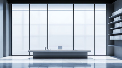 Poster - Light office interior with work table, shelf and documents, panoramic window