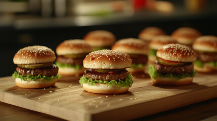 Poster - Homemade mini burgers and beef hamburgers on a serving board
