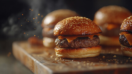Poster - Homemade mini burgers and beef hamburgers on a serving board