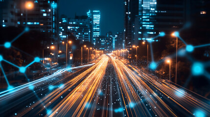 Leinwandbilder - Light trails defining a road, internet trasfer speed concept digitization and networking concept