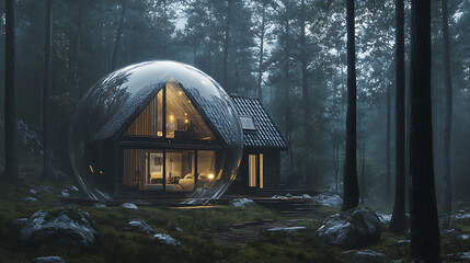 Poster - House covered transparent bubble to protect it from rain and storm, concept of home insurance, yellow sand
