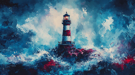Aufkleber - Lighthouse with beacon on coast in stormy sea