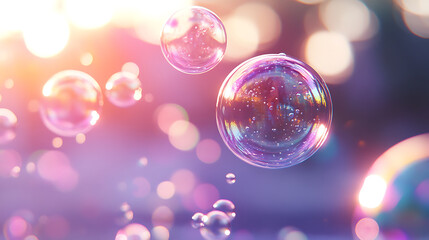Aufkleber - Liquid bubbles floating on blurred purple background, holographic bubbles floating in mid-air